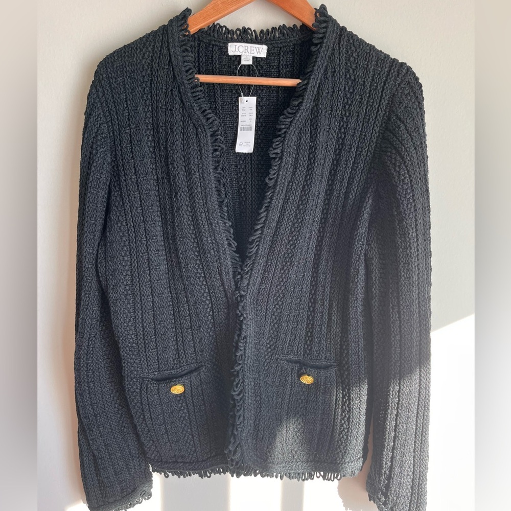 J.Crew NWT Textured Cable-knit Lady Jacket with Fringe Black and Gold Size Large